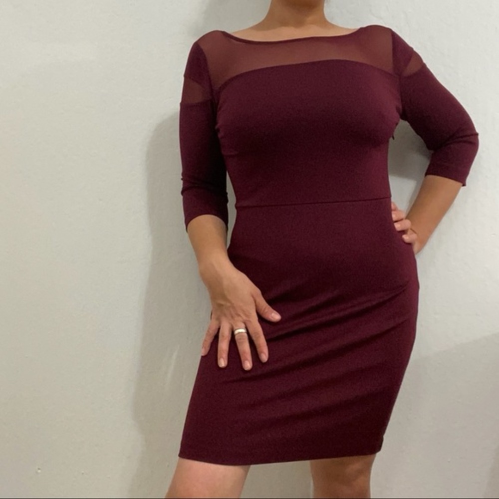 BB Dakota Women’s M Burgundy Mesh Panel Body con Midi Dress Formal Classic